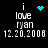 Four identical pixelated text on black background with cyan symbols above 'i love ryan 12.20.2008' text, each showing different cyan symbol animation states