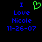 Blue pixelated text reads "I Love Nicole 11-26-07" on black background with green heart symbol above first line.