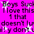Pixelated text repeats on a bright pink background with white starbursts, displaying phrases like 'Boys Suck' and 'I love this' in black font.