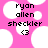 Pixelated text on a pink background with white circles; 'ryan allen' above 'heckler', and '<3' below.