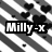 Two side-by-side pixelated text labels on contrasting backgrounds, one with 'Milly-x' on black-and-white stripes, the other with 'Rox!x' on pink and purple patterns.