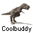 Animated contact sheet of a T-Rex dinosaur in various running poses with repeated "Coolbuddy" text below each frame on white background.