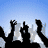 Animated contact sheet showing six sequential frames of silhouetted crowd hands raised against a blue sky background with white cloud-like shapes.