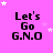 A static image with a bright pink background displays repeated text "Let's Go G.N.O" in black pixelated font, surrounded by white and light pink stars.