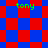 red and blue squares with green text 'tony' at four positions, transitioning from a standard checkerboard to a rotated diamond pattern
