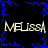 Black background with blue pixelated border and central starburst pattern, four instances of text "MELISSA" in light beige font.