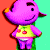 Pixelated character with purple body, yellow shirt with red circular patterns, and green accents, standing against split red and cyan background.