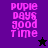 Pixelated text 'pupie pays good time' in pink on purple and black backgrounds with a star symbol changing from black to purple.