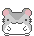 Pixel art of a gray hamster with pink ears, black eyes, and white belly, shown in two static poses against a gray background.