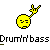 Pixelated yellow circular icon with a black-outlined face and a yellow fuse extending upward, positioned above pixelated text reading "Drum'n'bass" on a gray background.