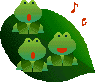 Animated contact sheet of three frog-themed AIM buddy icons showing sequential frame changes with musical notes and varying mouth expressions on a gray background.