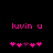 Pixelated pink text 'luvin u' above two of pink and purple heart symbols on a black background