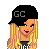 Pixel art contact sheet showing three frames of an animated icon featuring a blonde character with 'GC' cap, black tank top, blue jeans, and text elements.