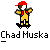 Pixelated character in yellow outfit with red cap and backpack performing skateboard tricks on gray background, text "Chad Muska" below.