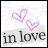 Pixelated icon with two pink heart shapes and scattered pink dots on white background, featuring gray text reading 'in love' at bottom.