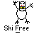 Pixelated white figure with red eyes and yellow teeth performs sequential actions including raised arms, red symbols, and red splatters on a gray background.