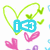 Pixelated icon with green heart-shaped outline, blue text box containing 'i<3', pink hearts below, and scattered small shapes.