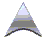 Animated triangular shape with layered color bands shifting through multiple configurations against a solid gray background.