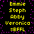 Yellow pixelated text on black background with purple dots, repeating names and '=BFLL' in two