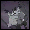 Animated sequence of a character with spiky dark hair wrapped in bandages holding a gray teddy bear, shifting poses against a purple background.