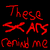 A contact sheet of two animated frames showing red pixelated text on a black background, with the left frame displaying "These SKARS terrify me" and the right frame showing "That the rest is real".