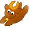 Brown pixelated creature with orange crescent horns and yellow collar, shown in two poses against gray background.