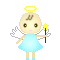 Pixelated angel icon with yellow halo, white wings, light blue dress, and star-tipped staff in four variations showing pose changes.