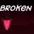 Pixelated text 'BROKEN BROKEN' above two pink heart icons on dark background, one intact and one cracked.
