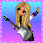 Pixel art icon of a blonde female character with long hair, blue eyes, and a black-and-white outfit holding a guitar against a gradient background.