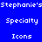 Pixelated text with alternating blue and green backgrounds displaying repeated phrases 'Stephanie's', 'Specialty', and 'Icons' in white block letters