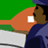 Animated sequence of a person in blue uniform holding and eating hot dogs against green and orange background.
