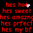 Red pixelated text on black background with animated white heart and sparkle effects, repeating phrases like 'hes hot' and 'hes sweet'.