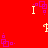 Red background with repeating beige 'I' and 'T' shapes and purple square clusters, some with trailing dots.