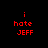 Four variations of a pixelated text-based icon showing 'i hate JEFF' in red on black, with white rectangular bars covering parts of the text.