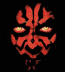 Red and black pixelated face with glowing yellow eyes, stylized flame-like hair, and a wide open mouth showing teeth.