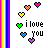 Pixel art icon with rainbow vertical stripes on left and six colored hearts surrounding 'i love you' text in black pixel font.