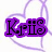 Purple text 'Kris' overlaid on a white background with multiple overlapping light purple heart outlines.