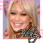 Four- of a blonde woman with light makeup smiling, each bordered in pink with heart motifs and displaying 'Hilary' text