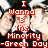 A pixelated image of three people in black jackets with white collars, overlaid with red text reading "I Wanna B The Minority -Green Day".