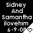 Black background with white pixelated text reading "Sidney And Samantha ilovehim 6-9-OP" and a small heart symbol in the bottom-right corner of each frame.