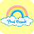 Pixelated rainbow arches over white clouds with blue text on a yellow background, static image.