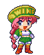 Pixel art character with pink hair in a braid, green outfit, and green cap with yellow text, shown in multiple poses against gray background.