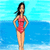 A woman in a red one-piece swimsuit stands on a beach with blue water and sky, transitioning between three poses with arms in different positions.