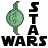 Pixelated green Yoda head icon with black 'STAR WARS' text in various orientations on white background.