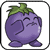 A 4-frame animated contact sheet of a purple eggplant-shaped cartoon character with green leafy top, showing different facial expressions and actions across frames.