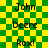Green and yellow checkered background with repeated text 'John Deere Rox!' in pixelated font, showing animation effects on the right side.