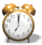 Animated contact sheet showing two frames of a golden alarm clock icon with white face, black numerals, and brown trim against a gray background.