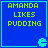 Blue square with cyan border displays yellow pixelated text "AMANDA LIKES PUDDING" and cyan Pac-Man icon in bottom-right corner.