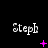 three and three displays the name 'Steph' in white pixelated text with a pink plus sign, star, and X in the top , a plus sign and scattered dots in the middle , and scattered dots in the bottom against a black background