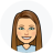 Pixelated portrait of a person with long brown hair, light blue top, and smiling expression against white circular background.